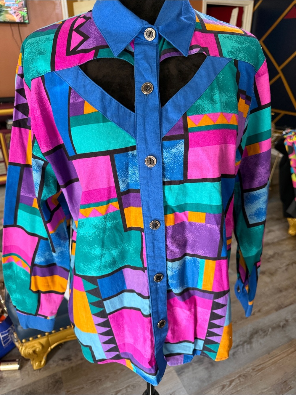 Colorblock Geometric Vintage Button-Front Blazer Jacket in Teal & Magenta